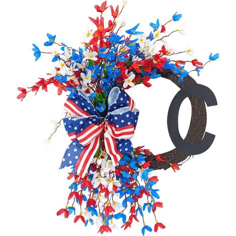 Guirlande Patriotique - Couronne Décorative en Rotin Naturel avec Fleurs Artificielles Rouges Blanches et Bleues - Pour Porte d'Entrée ou Intérieur - 30 Pouces - 1 Pièce (1/4)