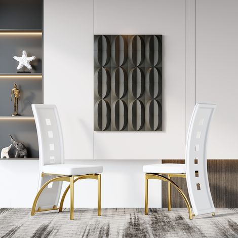 Pour salle à manger moderne, 2 chaises confortables avec dossier ventilé, PU blanc mat et pieds dorés (1/5)