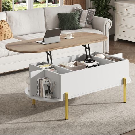 Mesa baja elevable 120x50x57,5 cm, compartimento de almacenamiento y estantes abiertos, patas de metal dorado, blanco y madera natural (1/5)