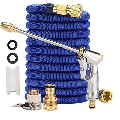 Tuyau d'arrosage extensible 10 m avec 7 modes de pulvérisation pour le jardinage, le nettoyage, le bain de voiture, les animaux domestiques, bleu