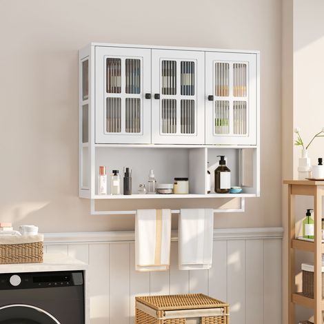 Armoire de salle de bain murale blanche, 3 portes en bois avec rangement ouvert et fermé, pharmacie à porte vitrée et porte-serviettes, pour entrée, salon, salle à manger