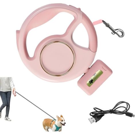 Laisse rechargeable pour animaux de compagnie avec lampe poche LED frein à une main fermeture boucle et distributeur sacs déchets. (1/5)