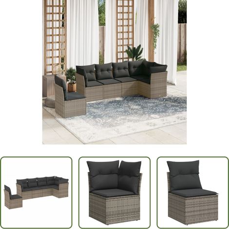 Gartensessel -  6-tlg. Garten-Sofagarnitur mit Kissen Grau Poly Rattan (1/5)