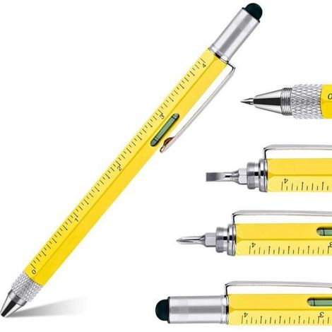 Stylo Multifonction - 6 en 1 - Bille Règle Niveau À Bulle Tournevis Plat Cruciforme - Jaune - 1 Pièce (1/4)