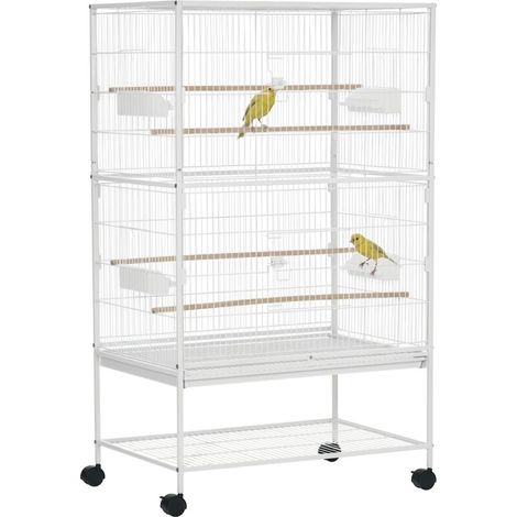 Gabbia per Uccelli da Interni con Vassoio Estraibile, 4 Ruote e Trespolo, 78x52x132 cm, Bianco
