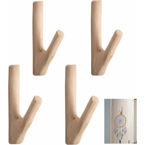 4 PCS Crochet Mural Branche Crochet Adhesif Mural Bois Naturel Patere Porte Manteau Accroche en pour Chapeau Écharpe Clé, 14.5cm (1/5)
