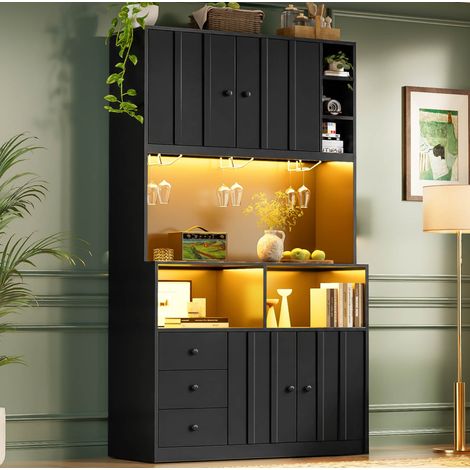 Mueble de cocina alto 100 x 40 x 180 cm con LED, enchufes, botellero y vitrina negro HAVRYA (1/5)