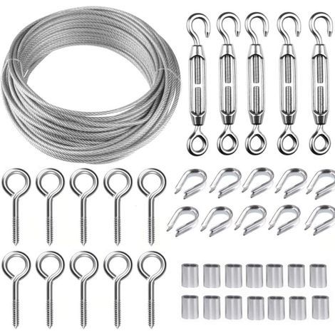30M Corde en Acier Inoxydable à Suspendre Kit,Kit Cable Métallique,2mm Cable en Acier Inoxydable Revêtu,avec M5 Tendeur Cable et Crochets à Oeil,pour Plantes Grimpante,Rambarde,Corde a linge, (1/4)
