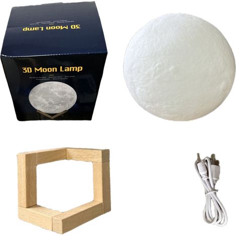 Lampe lune 3D 8cm – tactile – 3 couleurs – chevet – cadeau Saint Valentin – support bois – LED night light