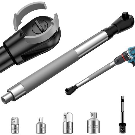 Llave de extensión acodada para taladros y llaves de impacto. Incluye 4 adaptadores de vaso. Adaptador para taladro de 1/2 pulgada. Diseño delgado. Acero de tungsteno. (1/4)