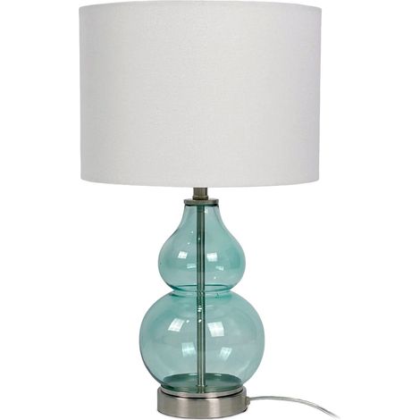 Relaxdays Tischlampe, Glasfuß & Stoffschirm, E14, HxD: 44 x 26 cm, Nachttischlampe mit Kabel, Schlafzimmer, weiß/blau (1/5)