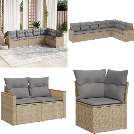 7-tlg. Garten-Sofagarnitur mit Kissen Beige Poly Rattan - Gartensofas - Polyethylen Outdoor Furniture - Gartenmöbel Set - Lounge Set - Rattan Gartenmöbel - Home & Living (1/5)