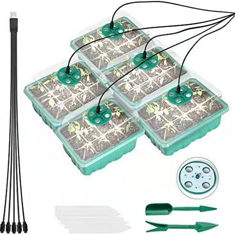 Plateau de semis avec lampe de croissance, kit de 5 plateaux avec minuterie et luminosité réglable, plateaux épais avec couvercles surélevés et dômes d'humidité, coffret cadeau (1/5)