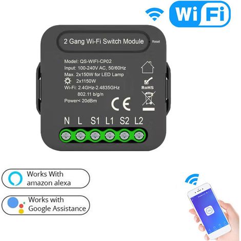 Module de commutation intelligent Tuya WiFi, module de conversion pour interrupteur d'éclairage à deux voies, contrôle à distance via une application mobile / compatible avec Alexa et Google Home (1/5)