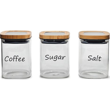 Set 3 Barattoli Cucina in Vetro da 65 cl per Sale Zucchero Caffe con Tappo in Legno Effetto Naturale e Finestra Superiore Trasparente Contenitori Ermetici Salvafreschezza (1/4)