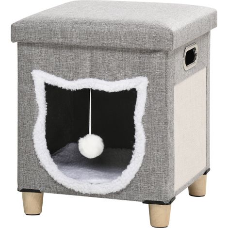 Poggiapiedi a forma di gatto con morbido cuscinetto, tiragraffi, pallina da gioco e tappetino antiscivolo realizzato in fibra di poliestere grigia, adatto all'uso da parte dei gatti. (1/5)