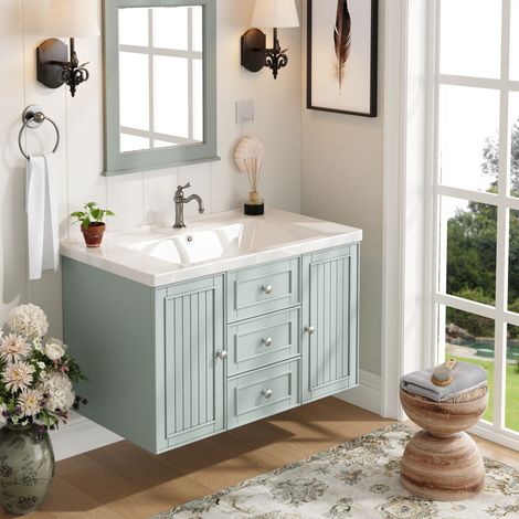 Mueble de baño suspendido con lavabo, 3 cajones, verde, 78,5 x 46 x 46,8 cm DESVIAE (1/5)