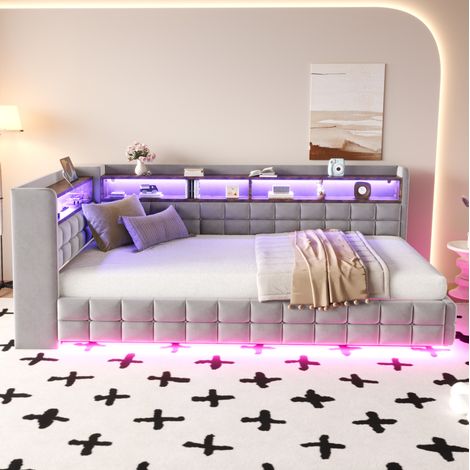 lit simple 90x200 coffre LED prises velours gris HAVRYA (1/5)