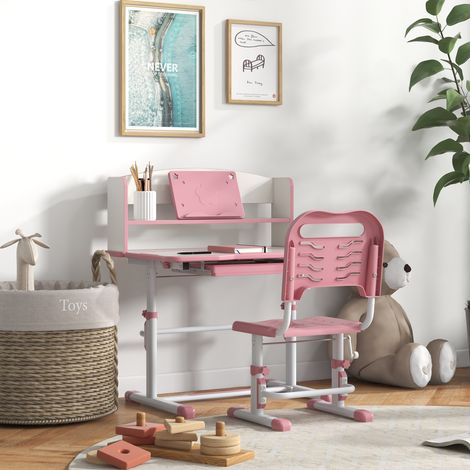 Conjunto de mesa y silla de estudio infantil, regulable en altura, con cajón y estante de almacenamiento, 80 x 54,5 x 104 cm, rosa.