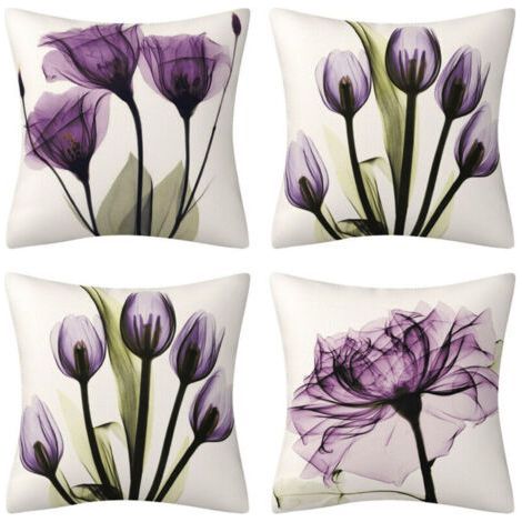 Set of 4 linen cushion covers, bohemian style, purple flower pattern, 45x45 cm, for living room, sofa, bed. (1/4)