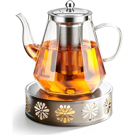 Théière avec infuseur, théière en verre de 1,2 l avec réchaud et chauffe-thé en acier inoxydable (1/5)