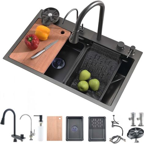 Évier de Cuisine, Cascade Multifonction, Evier de Cuisine à Comptoir Raindance Lavabo Acier Inoxydable avec Lave Verre (1/5)