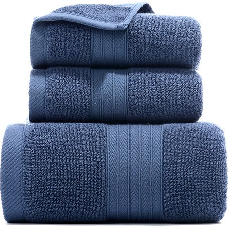 Ensemble de 3 serviettes de bain et 2 gants de toilette en coton filé à l'anneau, ultra-absorbants (bleu), bleu