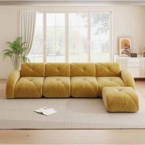 Sofá esquinero modular en L, 4 plazas, chenilla amarilla, sin montaje, con reposapiés (1/5)