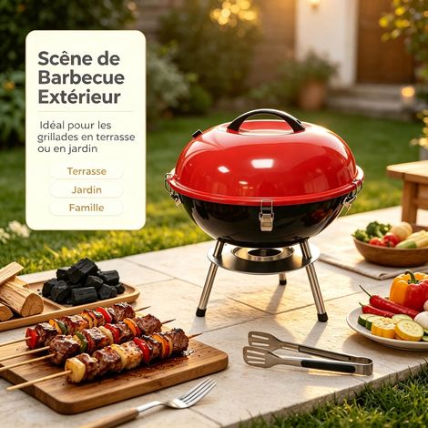 Four a Pomme Rouge Inox Chrome 35 x 35 x 12 cm - Barbecue Rond de Jardin (1/4)