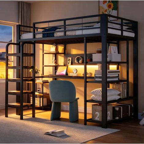 Lit mezzanine 90x200 cm avec LED, prises et bureau, étagères et panneau perforé, métal et bois noir (1/5)