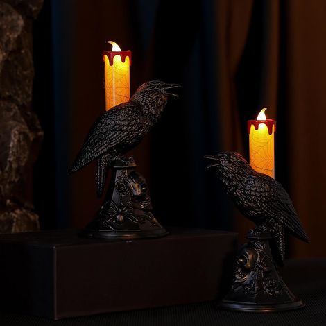 Gotische Raben-Schreibtischlampe, elektronische LED-Rabenkerze für Halloween, Vogellicht-Kronleuchter, Rabenstatue-Beleuchtung, Kerzenhalter-Ornament-Dekoration für Partys und Feiertage, Vogellicht