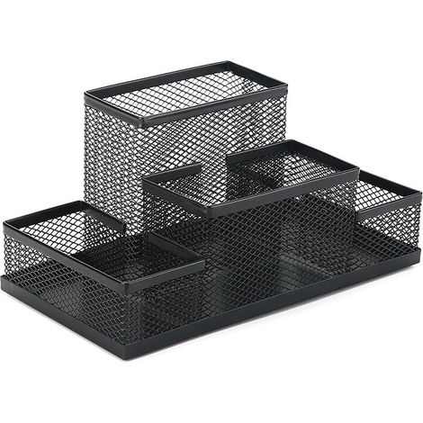 Porte-stylo organisateur de bureau en métal multifonctionnel avec boîte de rangement de papeterie à tiroir coulissant en maille pour bureau à domicile(noir) (1/5)