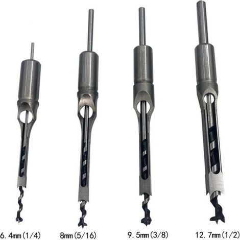 Set di 4 punte da trapano per legno a foro quadrato, set di utensili in acciaio cavo per la lavorazione del legno, punta da trapano a foro quadrato, punta da trapano per mortasatura, scalpello, gambi (1/4)