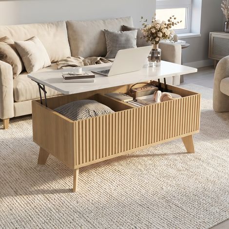 Tavolino da salotto rettangolare sollevabile 105x53x42 cm, con contenitore, piano rialzabile, gambe in legno, tavolino multifunzione per soggiorno - Colore quercia