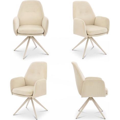 Bon Furni Chaises 360° Pivotantes Velours Blanc crème Pieds Blancs, Lot de 4