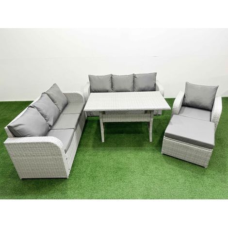 Fimous 8 Seater Poly Rattan Outdoor Garden Furniture Rectangular Dining Table Sofa Set Patio 3 Seater Sofa Reclining Chair 3 Seater Sofa Big Footstool Light Grey (1/4)