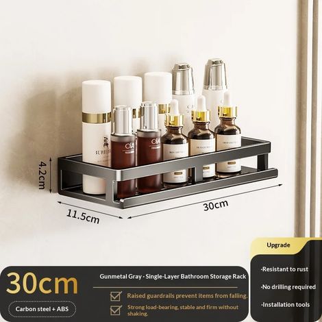 (Gris 30 cm) Support de salle de bain à ventouses sans perçage, étagère de salle de bain, étagère suspendue en aluminium pour toilettes, organisateur de salle de bain à accrocher au mur (1/5)