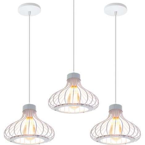 3er Pendelleuchte 1 Flammig Hängelampe im Industri Stil Kronleuchter mit Ø23cm Kürbis Käfig aus MetAlles für Wohnzimmer Esszimmer (Weiß)