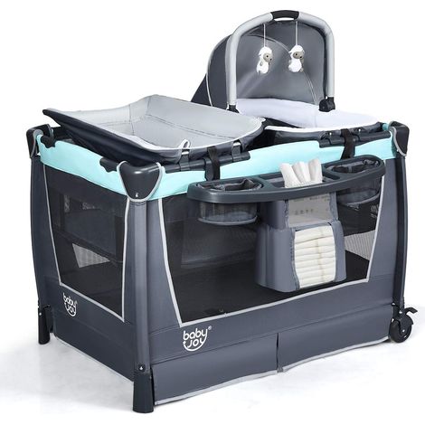 COSTWAY 4 in 1 klappbares Reisebett & Wickeltisch & Laufstall & Babywiege mit Schaukelfunktion, inkl. Babykorb, Wickelauflage, Matratze, Spieluhr, Spielzeug, Aufbewahrungsregal und Tragetasche Gruen