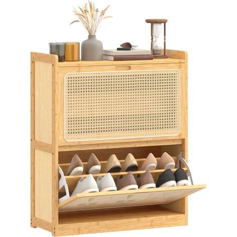 Meuble à chaussures en bambou avec 2 tiroirs en rotin pour 12-14 paires dimensions 69x29x83 cm couleur naturelle (1/5)