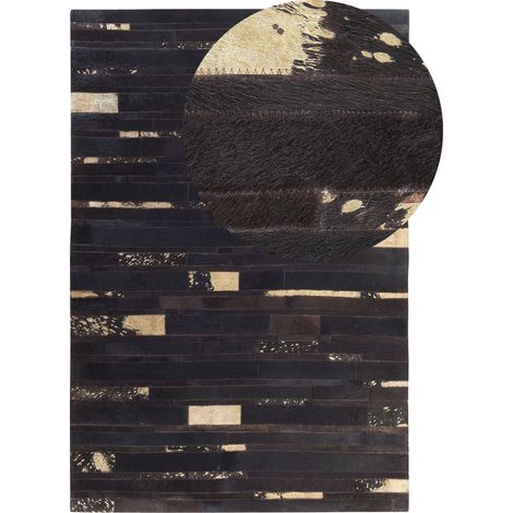 Tappeto patchwork in pelle 140 x 200 cm nero e oro Artvin