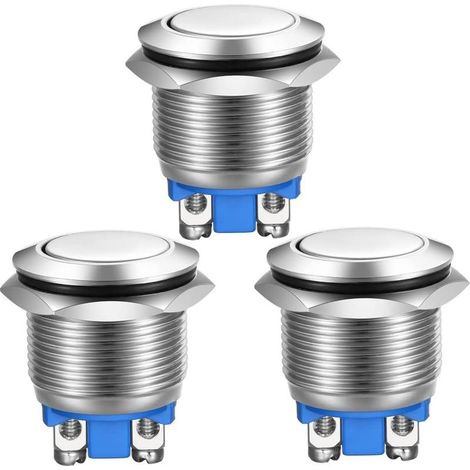 3pcs Bouton Poussoir Momentané Bornes à vis en Acier Inoxydable Bouton étanche à l'eau 19mm 2A 12V/24V/125V/250V(Tête Plate) (1/5)