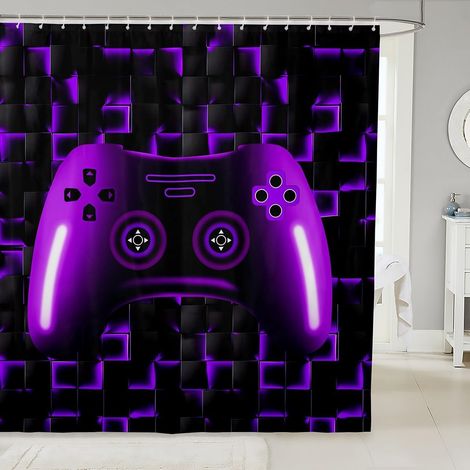 Rideau de Douche 180x210cm Enfant Garcon, Rideau de Bain Adulte Gamer Manette de Jeux, Rideau de Baignoire Gaming, Rideau Salle de Bain Violet Noir Carrée Géométrique - 180L X 210H cm (1 Panneaux) (1/5)