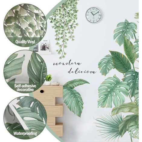 2 Stickers Muraux Feuilles Tropicales Vertes, Autocollant, Salon Chambre Bureau Déco (1/5)