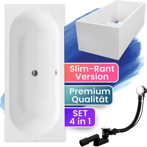 Badewanne Rechteck 150x75 mit Wannenträger, Ablaufgarnitur & Füßen GRATIS - Komplettset 4in1 Original Acryl Wanne Siphon - BADLAND VITAE SLIM (1/5)