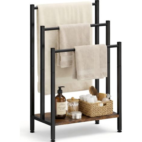 Porte-Serviettes sur Pied avec 3 Barres, Support au Sol pour Serviettes de Bain, Étagère de Rangement, pour Serviettes, Couvertures, Journaux, Marron Rustique, 43 x 28 x 82 cm (1/5)