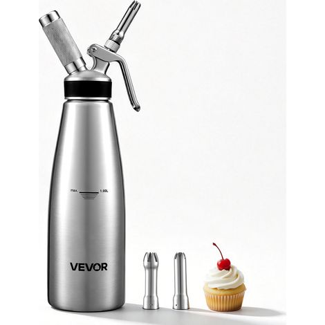VEVOR Siphon Chantilly 1 L Distributeur de Creme Fouettee SANS CARTOUCHE, pour Cafes Patisseries Amateurs, en Acier Inoxydable 304, Appareil a Chantilly N₂O sans Fuite, avec 3 Embouts Decoratifs (1/5)