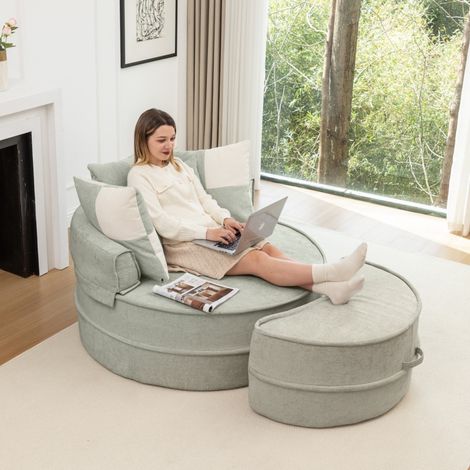 Canapé rond vert – 5 coussins + pouf – Salon/Chambre – Design original – Confortable – Tissu doux (1/5)