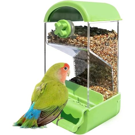 Mangeoire automatique sans joint, avec perchoir, pour petits oiseaux comme les perruches et les inséparables, pour une cage propre et efficace. (1/5)
