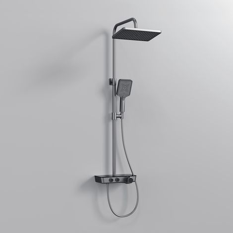 EMKE Colonne de douche thermostat, douchette à 3 puissances de jet, jet cascade, set de colonne de douche, set de douche avec étagère en verre, Certification KTW, Anthracite mat
